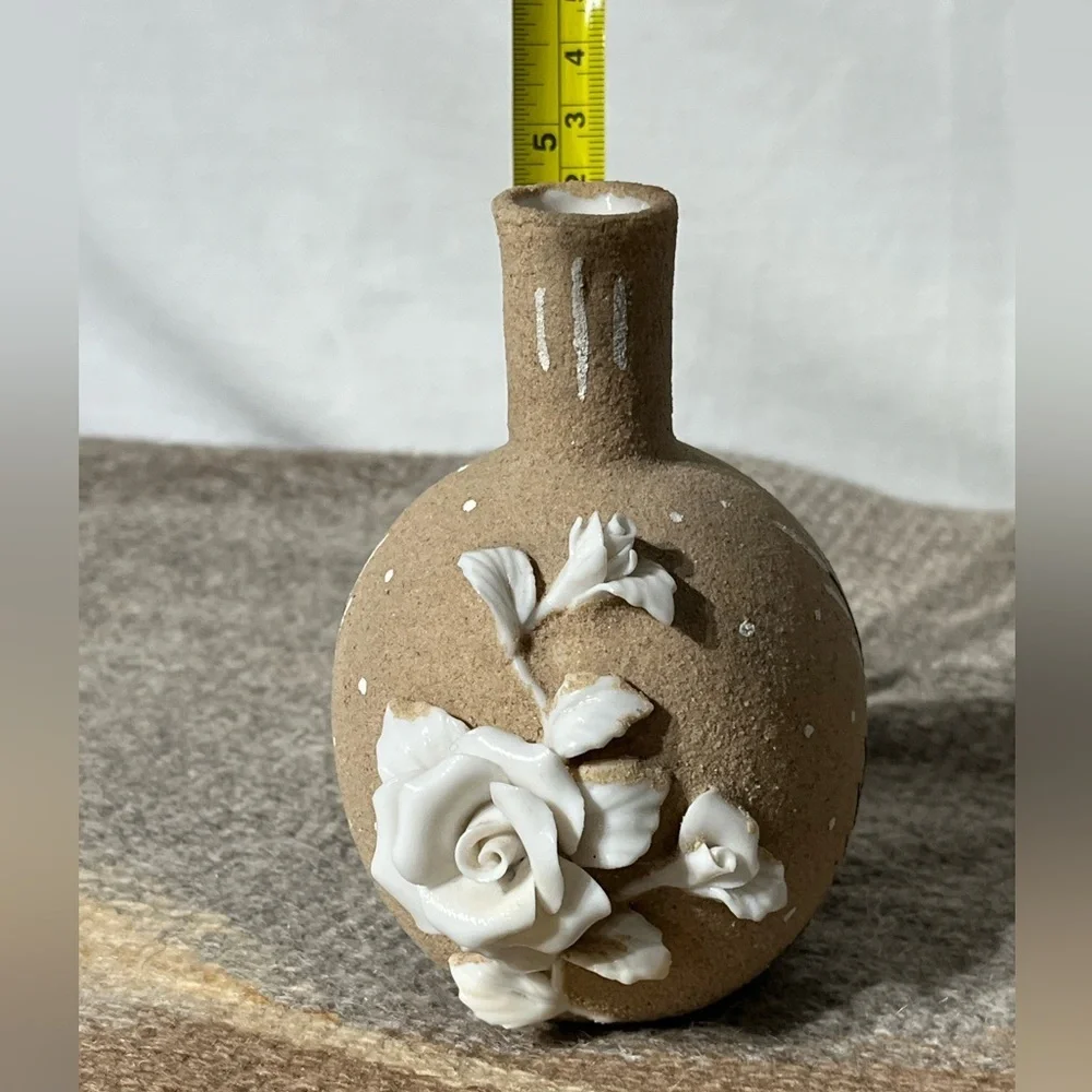 Native American Bud Vase Textured Sand Glaze Sculptured Flowers Butterfly Signed